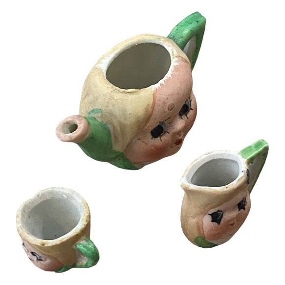 3 Pcs 1920's Kewpie Doll Face Child's Miniature Tea Set Creamer Cup Japan - Picture 6 of 14